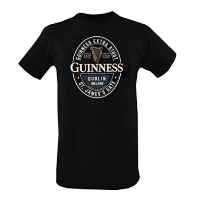 Bild av Guinness Black T Shirt Tee av 100% bomull med korta ärmar för män Gold Foreign Extra Bottle Label etiketttryck