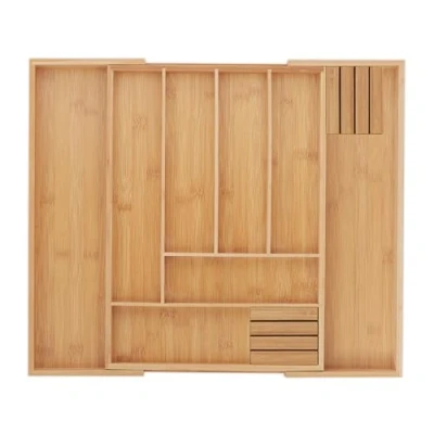 Bild av Relaxdays Bambu besticklåda, utdragbar, 68 fack, 2 knivblock, HBT: 5 x 32 43 cm, lådinsats kök, natur