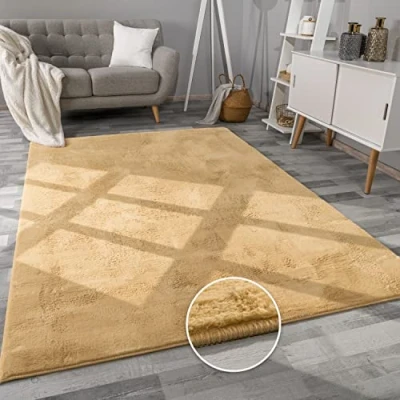 Bild av Paco Home Matta Vardagsrum Konstfäll Plysch Ryamatta Mjuk Tvättbar, Storlek:60x90 cm, Färg:Gul