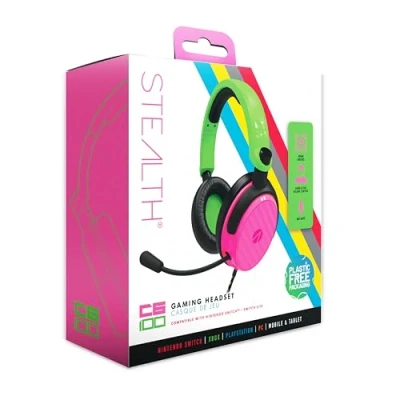Bild av STEALTH C6 100 Neon Pink &amp; Green Over Ear Gaming Headset PS4/PS5, XBOX, Switch, PC med flexibel mikrofon, 3,5 mm uttag, 1,5 m kabel, lätt, bekväm och hållbar