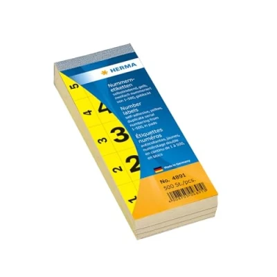 Bild av HERMA 4891 nummeretiketter siffror 1 500, dubbla (56 x 28 mm, papper, matt) självhäftande, permanenta häftand, block för fortlöpande numrering, 500 etiketter, gul