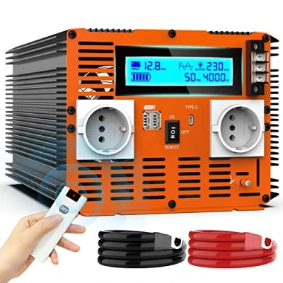 Bild av 4000W Spänningsomvandlare 12v Till 230v Ren Sinus Växelriktare Power Inverter Med Fjärrkontroll &amp; LED display 2 EU AC uttag Typ C port USB För Bil, Husvagn, Båt, Camping