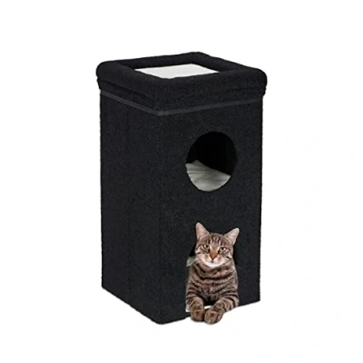 Bild av Relaxdays Kattgrotta, H x B D: 76 40 cm, vikbart katthus med 3 nivåer, kattgömställe klösbräda, svart