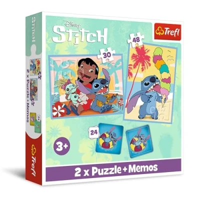 Bild av Trefl Lilo &amp; Stitch, Lilo&amp;Stitchs glada dag 3i1: 2x Pussel + Memory spel, med sagans karaktärer, 30 och 48 bitar, Olika svårighetsgrad, 24 memokort, Lek för barn från 3 år