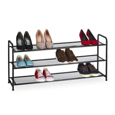 Bild av Relaxdays Skohylla, 12 par skor, H x B D: 48 100 25,5 cm, metallskohylla, smal, 3 hyllor, hall, svart