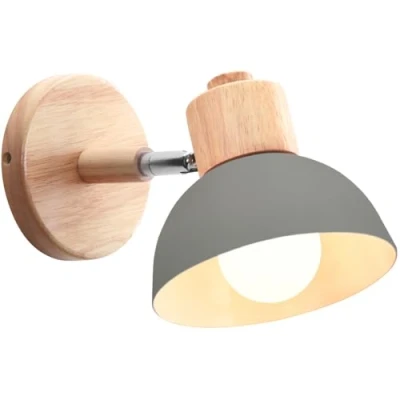 Bild av iDEGU Vägglampa modern inomhusvägglampa av trä metall halvcirkel lampskärm E27 justerbar väggspot vintage lampa för sovrum vardagsrum (1 st, grå)