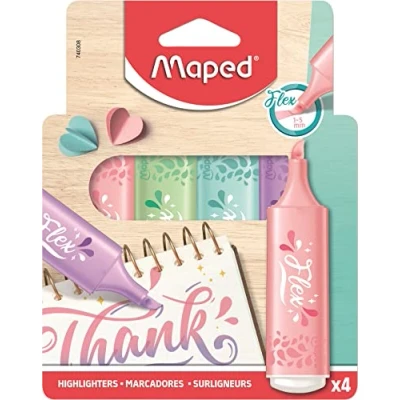 Bild av Maped 4 överstrykningspenna flex pastell fasad spets och flexibel med lång livslängd för skola, brev, bullet journal proffs slumpmässiga pastellfärger