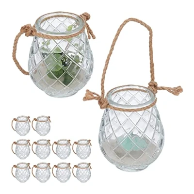 Bild av Relaxdays Vindljus, set om 12, glas, handtag av hamparep, inomhus och utomhus, värmeljushållare, 10 x 8,5 cm, transparent/natur