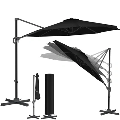 Bild av KESSER® Parasoll trafikljus sol rund XL 330 cm inkl. skydd + vindskydd 7 vägs justerbar lutbar stor 360 vridbar trädgårdsparaply med vev solskydd UV 50+ svart