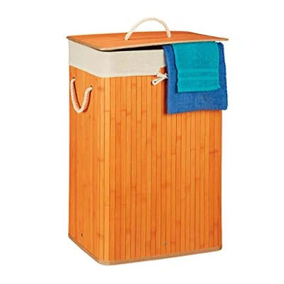 Bild av Relaxdays, orange tvättkorg, bambu, med lock, rektangulär, XL 83 L, vikbar HBT 65,5 x 43,5 33,5 cm