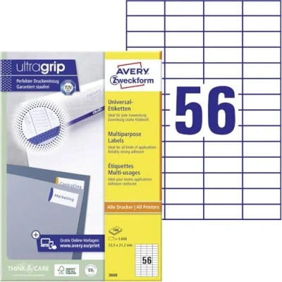 Bild av AVERY Zweckform 3668 universella etiketter (5 600 självhäftande etiketter, 52,5 x 21,2 mm på A4, matt papper, individuellt tryckbara, klistermärken med ultragrepp) 100 ark, vit
