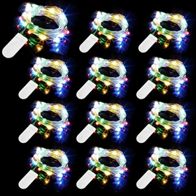 Bild av 12 st LED ljusslingor, batteridrivna, 20 lysdioder, 2 m (6,5 fot) mikrokoppartrådsljus, vattentät, jul, stjärnklar, dekor, replampor, för gör det själv, bröllopsfest, festivaldekorationer (mångfärgad)