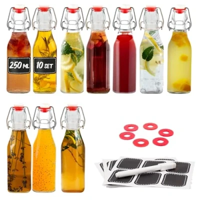 Bild av 10 glasflaskor 250 ml Fyrkantig svängtopp flaskor med för fyllning inkl. extra förseglingar &amp; etiketter penna olja, vinäger, juice lemonad
