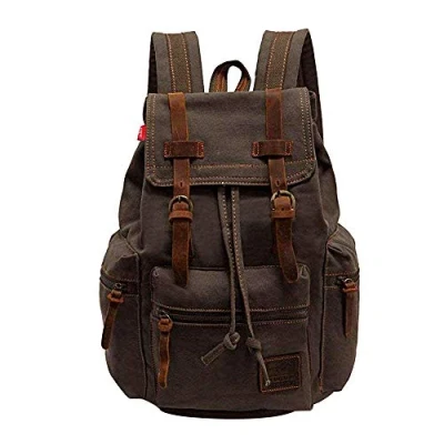 Bild av Koolehaoda® Vintage Canvas Ryggsäck, 17 tums Laptop Ryggsäck Unisex Casual College Bag Vandringsväska Läder (Army Green L)
