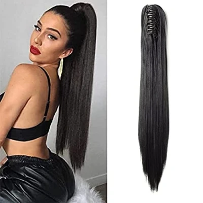 Bild av SEGO Falsk hästsvans syntetiskt hår förlängning hårstycke ponny fäst med klämma på pontail extensioon 53 cm mörk svart 21 tum