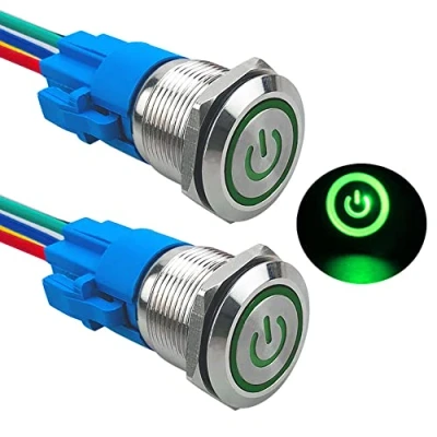 Bild av Aiqeer 2 stycken 19 mm låsande tryckknapp, 12 V/24 V 5 A automatisk tändning startbrytare, IP67 vattentät tryckbrytare i rostfritt stål, med förkopplat uttag (grön LED)