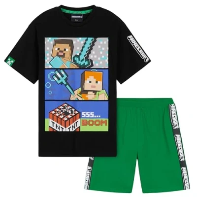 Bild av Minecraft Cotton Short Pyjamas, T shirt och shorts set för pojkar (svart/grön, åldrarna 7 8)