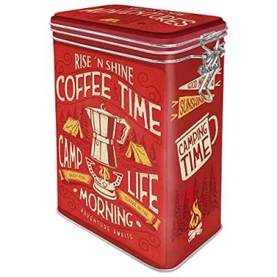 Bild av Nostalgic Art Kaffeburk i retrostil, Camp Coffee Time Presentidé för campingfans, Plåtask med aromlock, Deko vintagedesign, 1,3 l