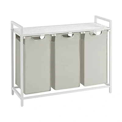 Bild av VASAGLE tvättkorg 3 fack, tvättuppsamlare med hylla, tvättlåda, tvättpåse av Oxfordtyg, utdragbar, avtagbar, metallram, x 38 L, 92,5 33 72 cm, vit BLH301W01