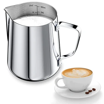 Bild av Newaner 600 ml mjölkkanna för mjölkskumning 304 rostfritt stål, med mätning Mark 300 barista, mjölkpitcher cappuccino, espresso, latte art, perfekt kaffekärlek, silver