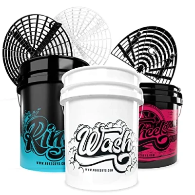 Bild av Nuke Guys Tvätthinkset 3 hinkar tvättmetod 5 GAL Wash Bucket för bilschampo Rinse sköljning + 3,5 Wheel fälgar 2 x Grit Guard insats Washboard