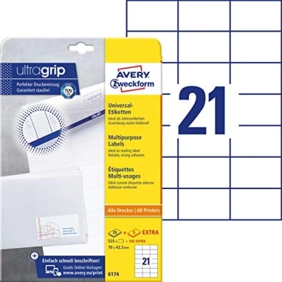Bild av AVERY Zweckform 6174 adressdekal (525 plus 105 självhäftande etiketter extra, 70 x 42,3 mm på A4, matt papper med tryckbara avsändaretiketter, adressetiketter ultragrepp) 30 ark, vit