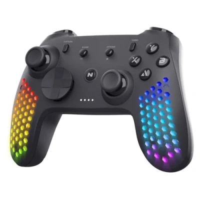 Bild av NiTHO Trådlös styrenhet för PC/Switch/Android/iOS, sexkantig design joystick med vibrationer, 6 axlig gyroskop, RGB LED effekter, justerbar telefonhållarklämma