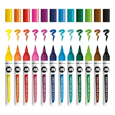 Bild av Molotow Aqua Color Brush (pensel penna markör basic set 1, penselspets för akvarellering och textning) 12 stycken sorterade