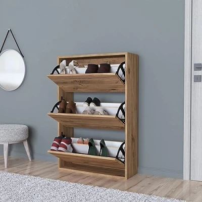 Bild av En.casa] Skoskåp Aurskog skoförvaring för 18 par skobyrå med 3 tippdörrar entré, hall 110 x 73,5 24 cm ek