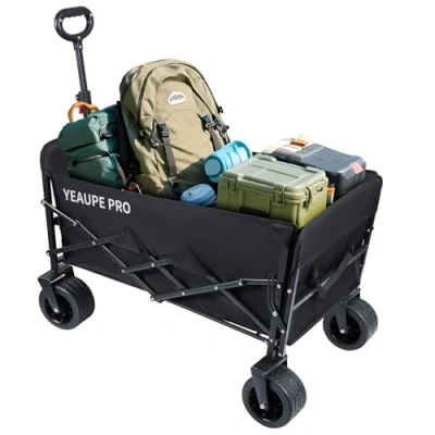 Bild av YEAUPE PRO rullvagn, vikbar med bromsar, 230 l 200 kg lastbar, terrängvagn 2 fickor för vattenflaskor och 1 nätficka, handvagn trädgård/strand/camping