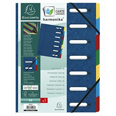 Bild av Exacompta 55072E Premium mapp harmonika. Tillverkad av extra stark färgspan kartong DIN A4 7 fack och 2 elastiska band med indexfönster stretchig baksida registermapp blå
