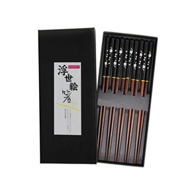 Bild av EXZACT Presentset med ätpinnar svart 5 par återanvändbara i naturligt trä en vacker handgjord låda dekorerad japansk stil (EX CS05 BLK)