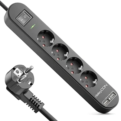 Bild av deleyCON 5m Grenuttag 4 Vägs med USB 4x Skyddskontakt Uttag 2x A Laddningsuttag för t.ex. Mobiltelefon och Surfplatta Överspänningsskydd PÅ/AV Knapp Svart