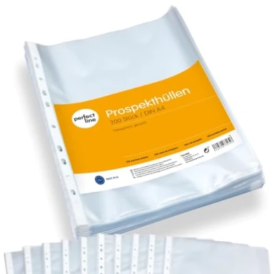 Bild av perfekt line 200 plastmappar DIN A4, plastfickor för A4 papper, transparent, texturerad, matt, syrafria, Dokumentsäkra, Made in EU
