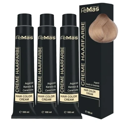 Bild av FemMas hårfärg superljusare guld 903 I professionell grädde för blekning med upp till 5 toner närande arganolja, keratin och ceramider permanent hårfärg, 3 x 100 ml