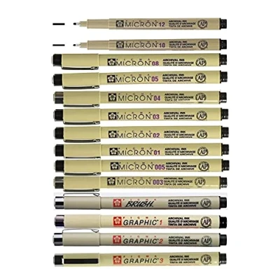 Bild av Sakura Pigma Micron 14 svarta fineliners. 003, 005, 01, 02, 03, 04, 05, 08, 10, 12,1 mm, 2 3 borste