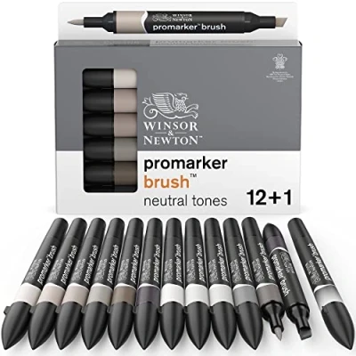 Bild av Winsor &amp; Newton 0290144 ProMarker borste för ritningar, kalligrafi, design och layouter, randfri ritning med kil penselspets) 13 färger set neutrala toner