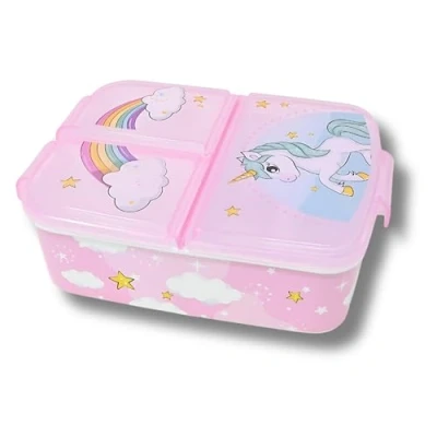 Bild av damaloo lunchlåda med enhörning för flickor Bento 3 fack, BPA fri barnmatlåda skola och dagis matlåda barn stort fack