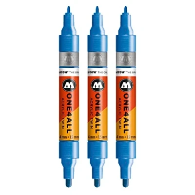 Bild av Molotow One4All Acrylic Twin Marker (linjetjocklek 1,5 mm och 4 mm, hög täckning permanent), 3 stycken färg 224 metallisk blå