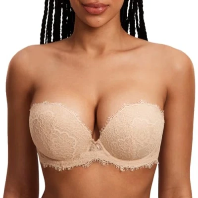 Bild av DOBREVA Kvinnors Axelbandslös Push Up Bra Lace djup urringning Wired vadderad med avtagbara remmar Beige 80C