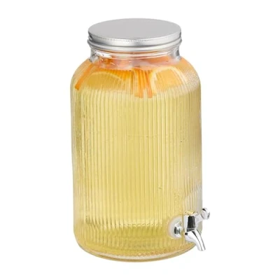 Bild av Relaxdays 5 l dryckesdispenser, ribbad lemonadetap, kran och lock, juicekanna, glas järn, transparent kanna