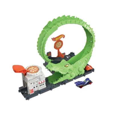 Bild av Hot Wheels banset med en bil, justerbar bana som går att koppla till andra set, Gator Loop Pizzeria lekset, HKX39