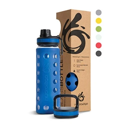 Bild av hydro2go glasvattenflaska med silikonhölje Disksäker, 2 utbytbara lock, 100% läckagesäker &amp; BPA fri Idealisk för barn, kontor, träning, yoga, sport utomhus (Navy Blue 2.0) 550 ml
