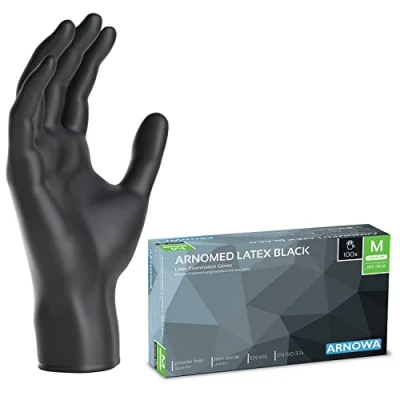Bild av ARNOMED latex engångshandskar M, svarta, puderfria, 100 st/ask, engångshandskar, latexhandskar finns i storlekarna XS, S, L &amp; XL.