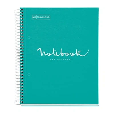 Bild av Miquelrius A5 Notebook Emotions anteckningsbok, 80 ark 90 g/m², horisontell linjerad 7 mm, 1 färgremsa, mikroperforerad spiral, repad extra styvt lock, 2 borrar, turkos