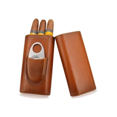 Bild av cigarrfodral för 3 cigarrer, läder cigarrfodral, humidor cigarrer med cigarrskärare, resecigarrfodral bärbart cederträ, resor korta