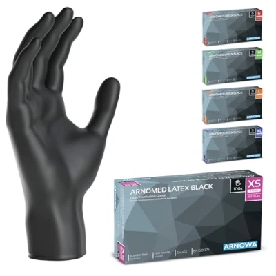 Bild av ARNOMED latex engångshandskar XS, svarta, puderfria, 100 st/ask, engångshandskar, latexhandskar finns i storlekarna S, M, L &amp; XL.