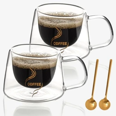 Bild av Belle Vous 2 Pack Dubbelväggade Genomskinliga Glaskaffemuggar med Handtag 200 ml Isolerade/Värmetåliga Koppar för Varma/Kalla Drycker Glas Perfekta Espresso, Kaffe, Latte, Cappucino &amp; Te