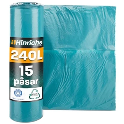 Bild av Hinrichs Soppåsar 240L extra Starka 100x125 cm Rulle på 15 Extremt rivtåliga av Återvunnen LDPE Blå Påsar Avfallspåsar för Trädgårdar, Hushåll och Byggarbetsplatser