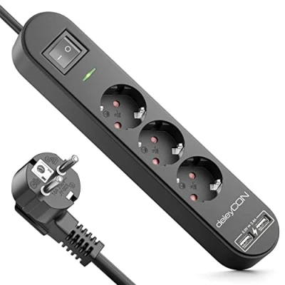 Bild av deleyCON 3,0m Grenuttag 3 Vägs med USB 3x Skyddskontakt Uttag 2x A Laddningsuttag för t.ex. Mobiltelefon och Surfplatta Överspänningsskydd PÅ/AV Knapp Svart